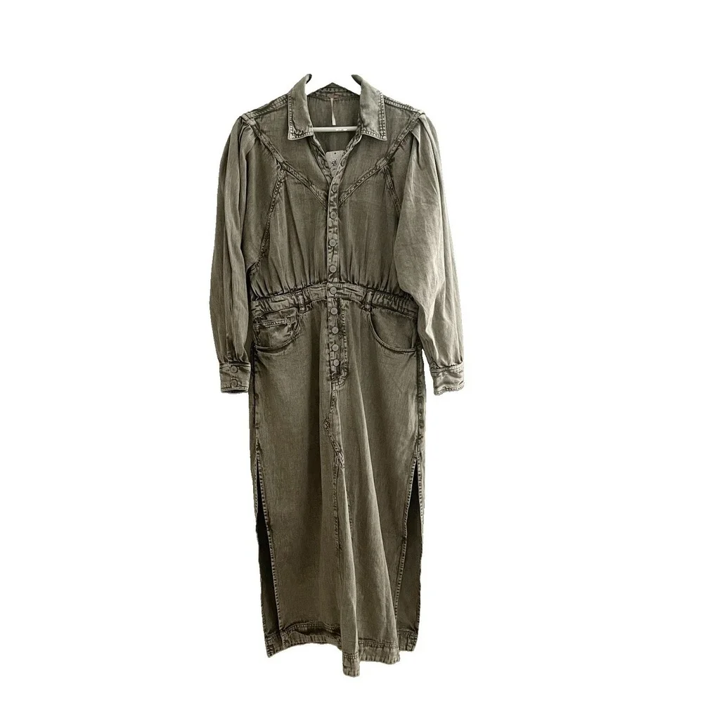 NWT Free People Mad Love Denim Midi Dress Cotton Fitted Long Sleeve Size M Sage - Picture 4 of 10